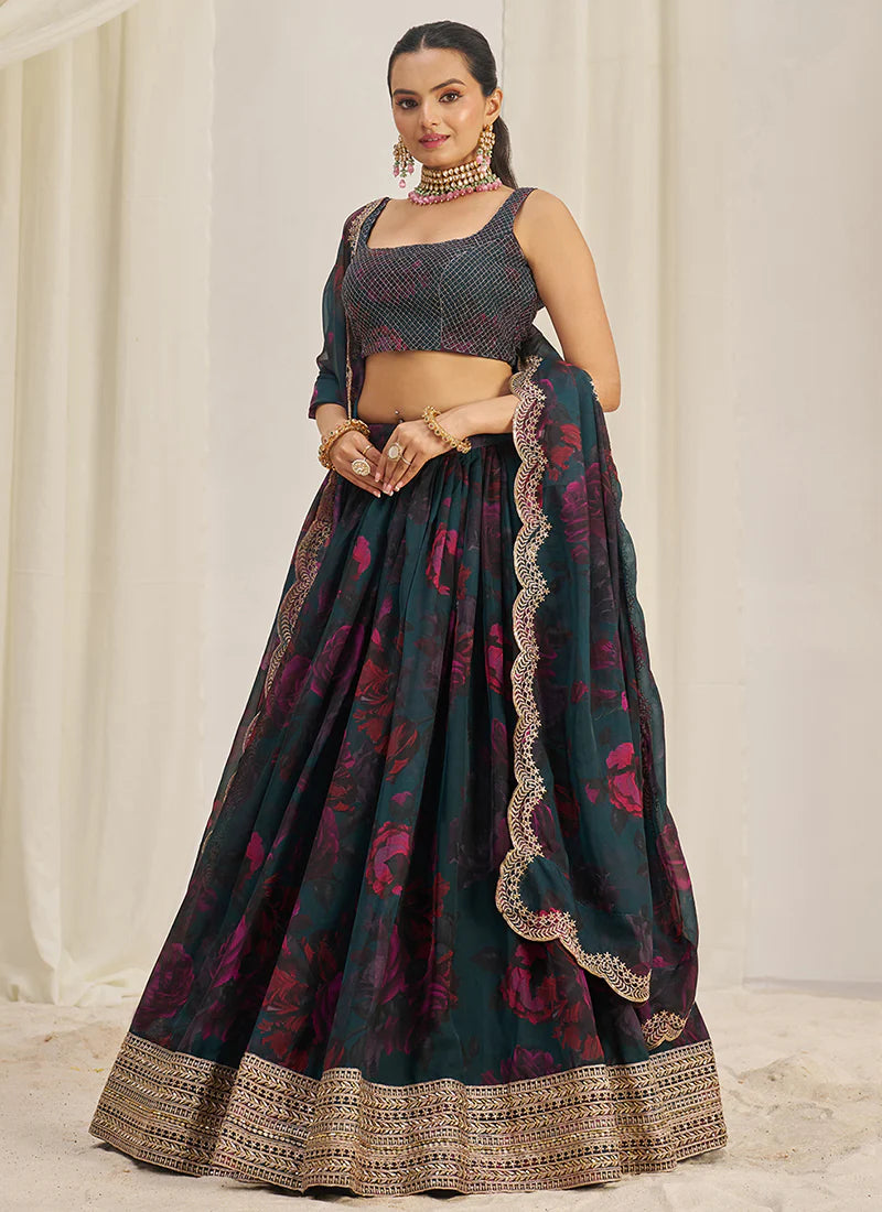 Peacock Green Floral Printed Embroidery Lehenga Choli