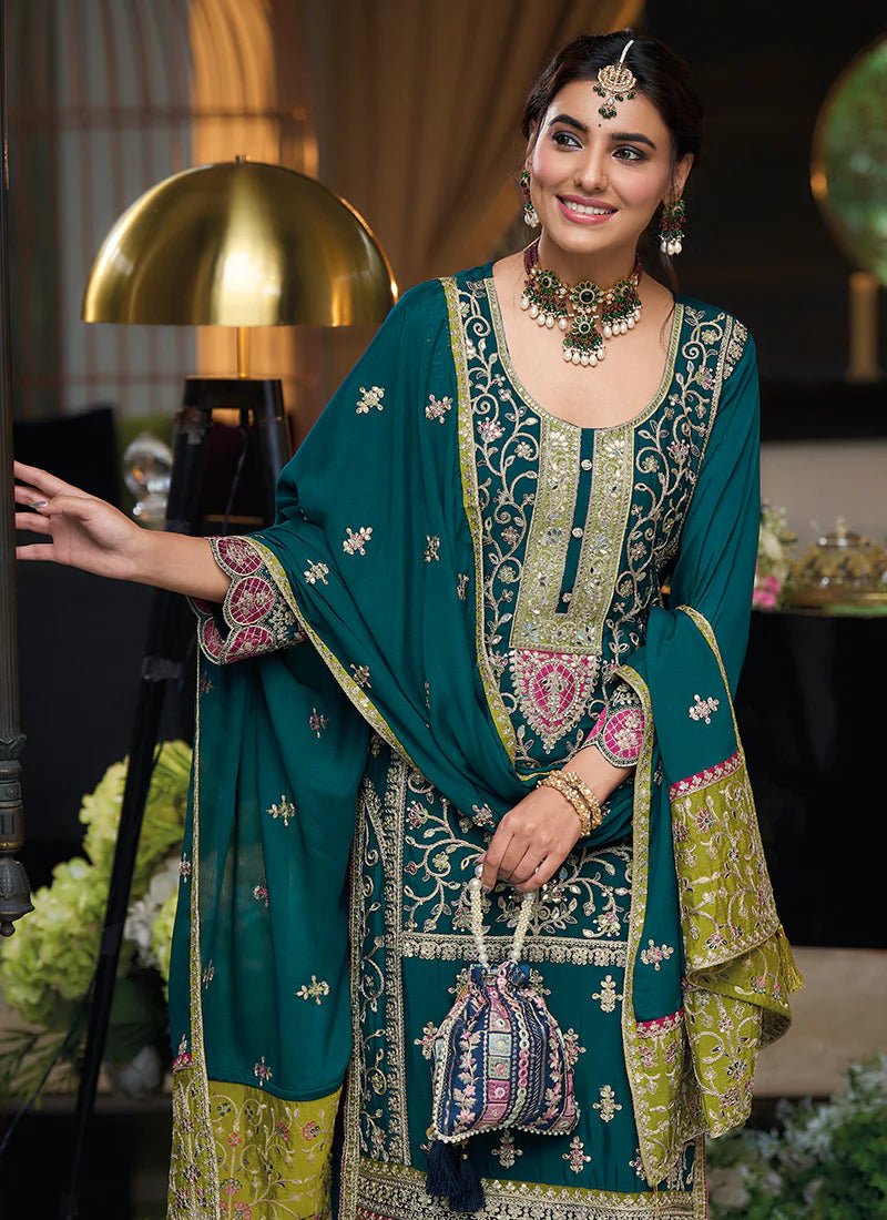 Peacock Green Multi Embroidery Traditional Palazzo Style Suit