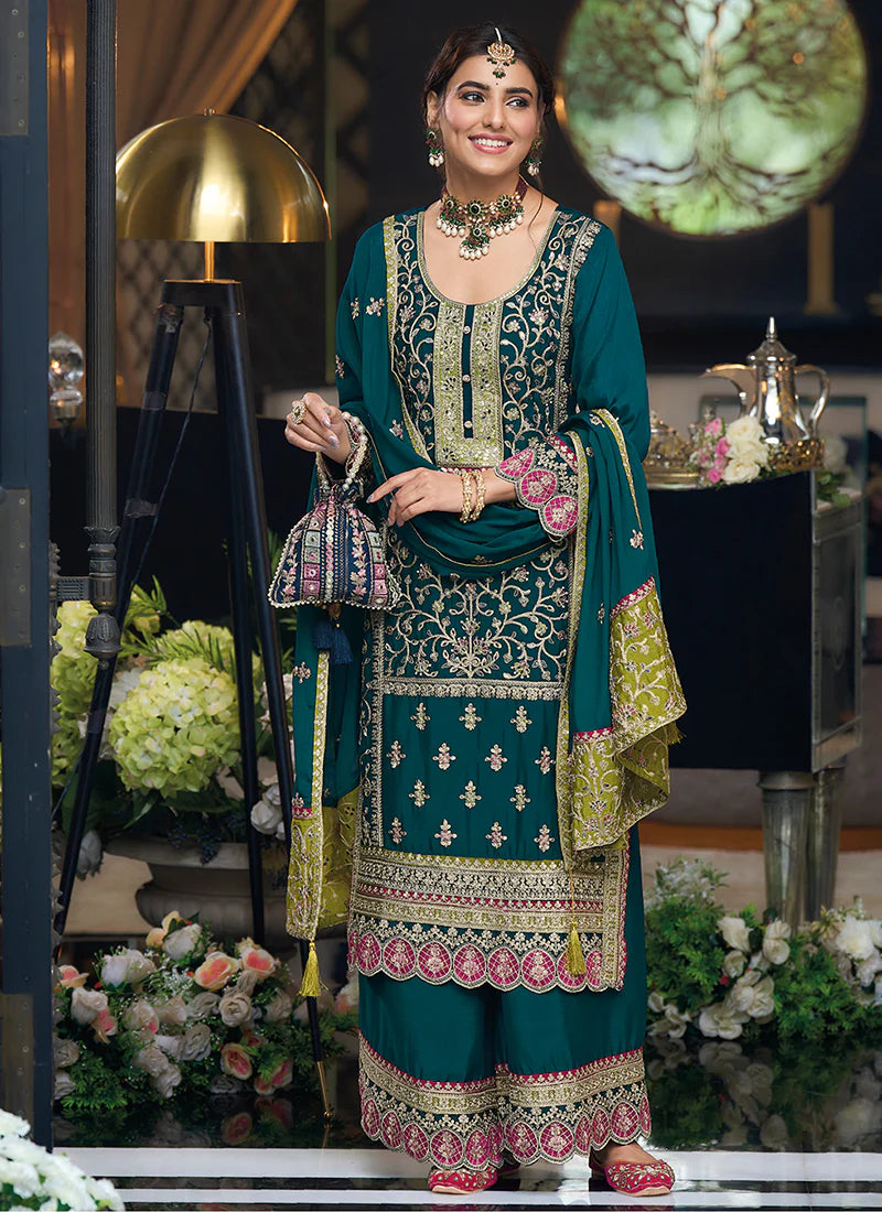 Peacock Green Multi Embroidery Traditional Palazzo Style Suit