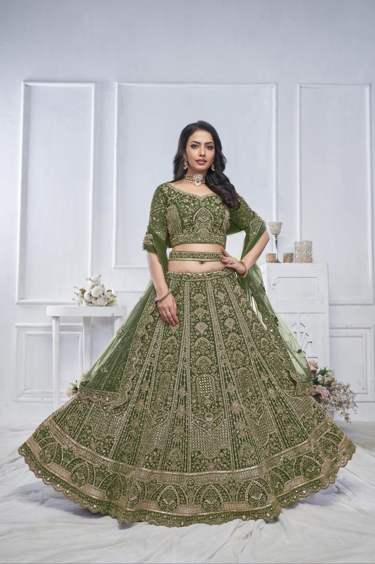 Peacock Green Embroidered Bridal lehenga 