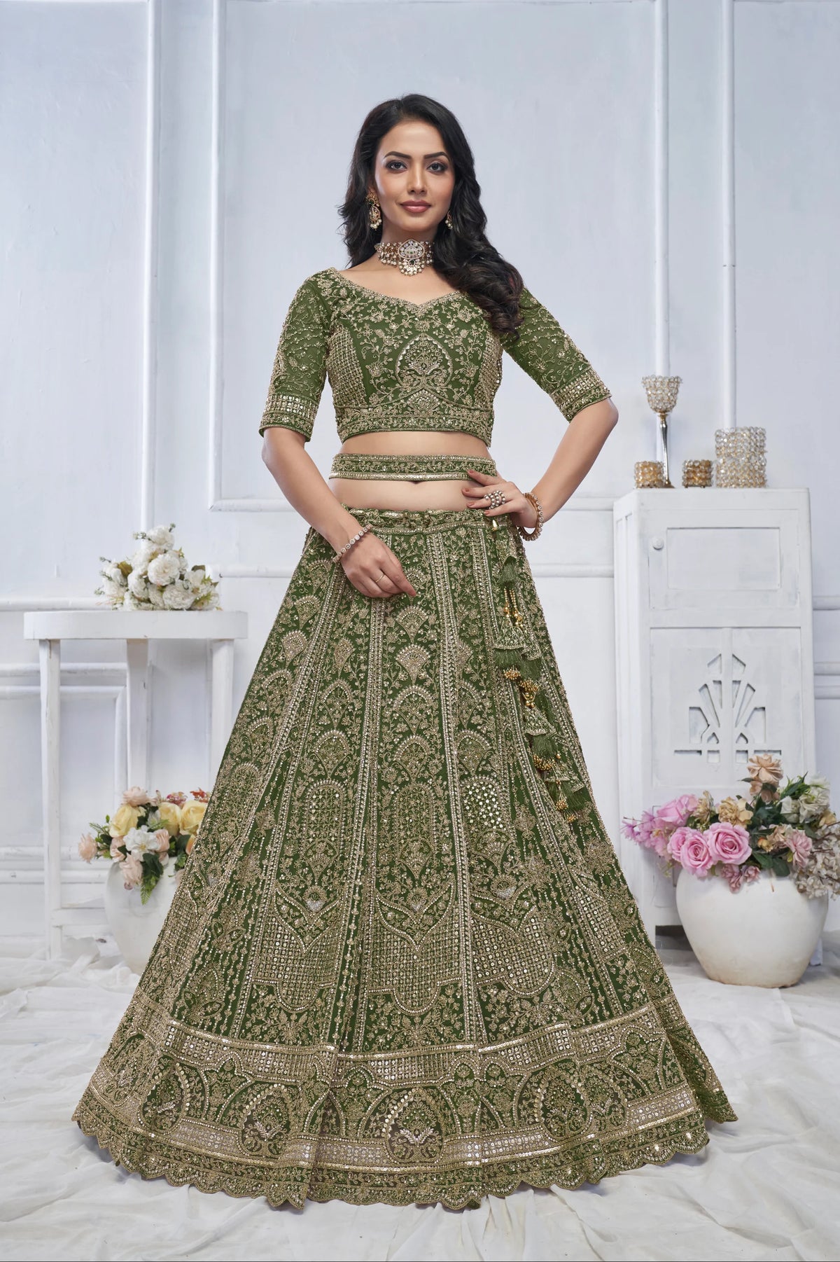 Peacock Green Embroidered Bridal lehenga 