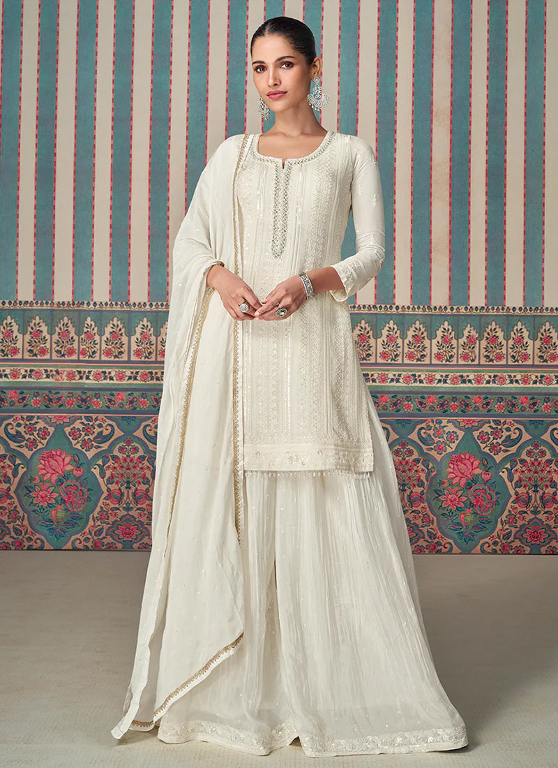 Pearl White Designer Embroidery Chinnon Sharara Suit