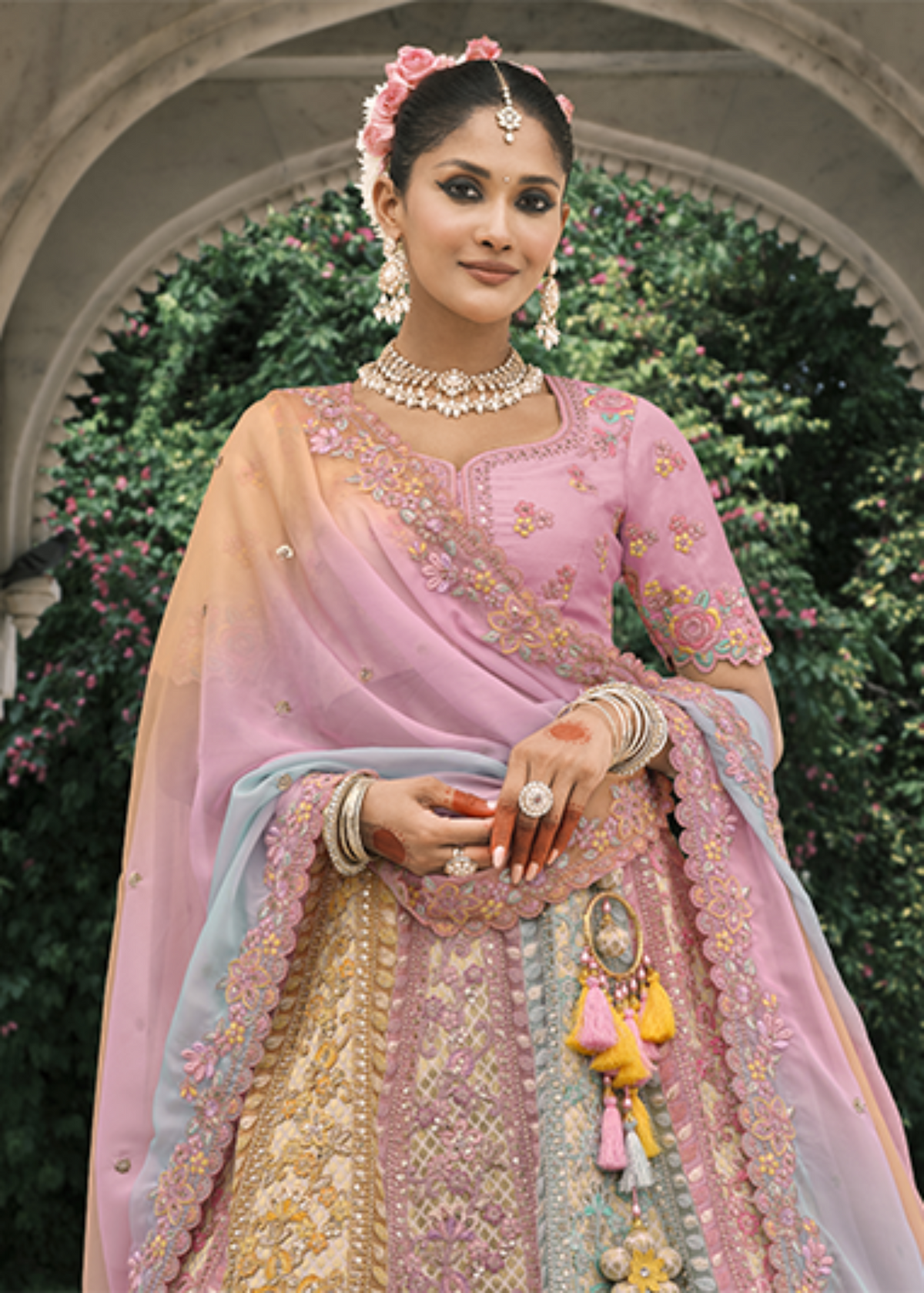 Pink-Blue Embroidered Silk Bridal Lehenga.