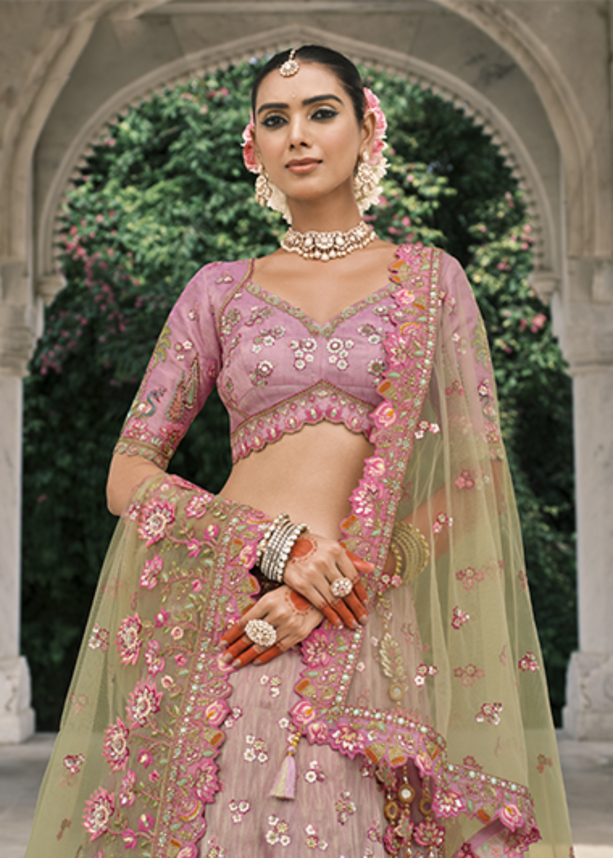 Pink-Olive Embroidered Silk Bridal Lehenga.