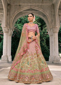 Pink-Olive Embroidered Silk Bridal Lehenga