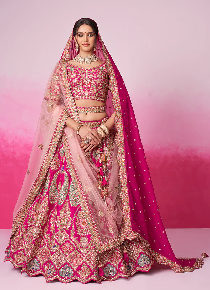 bridal dupatta drape - double drape dupatta - bridal double dupatta drape - rani pink bridal lehenga - Pink And Gold Embroidered Bridal Lehenga Choli with double dupatta drape