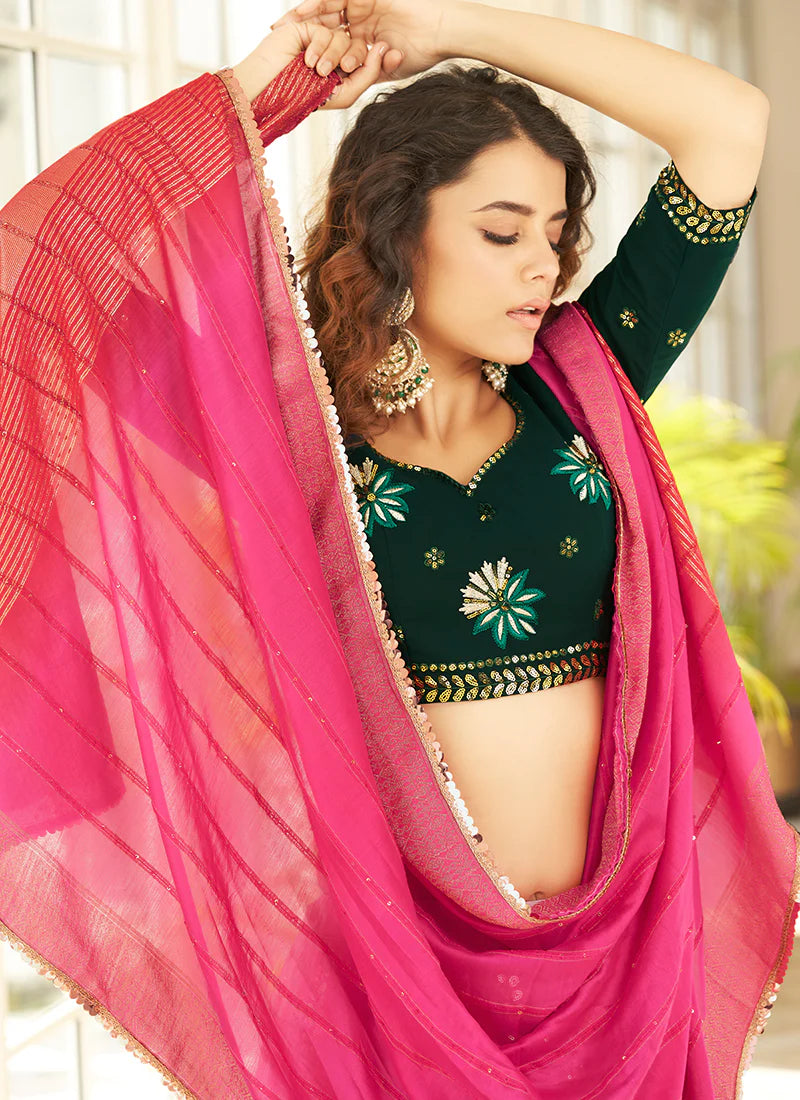 Pink And Green Multi Embroidery Lehenga Choli