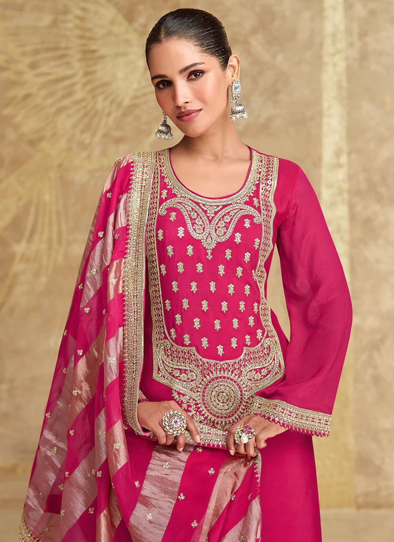 Pink And Off White Embroidered Gharara Style Suit