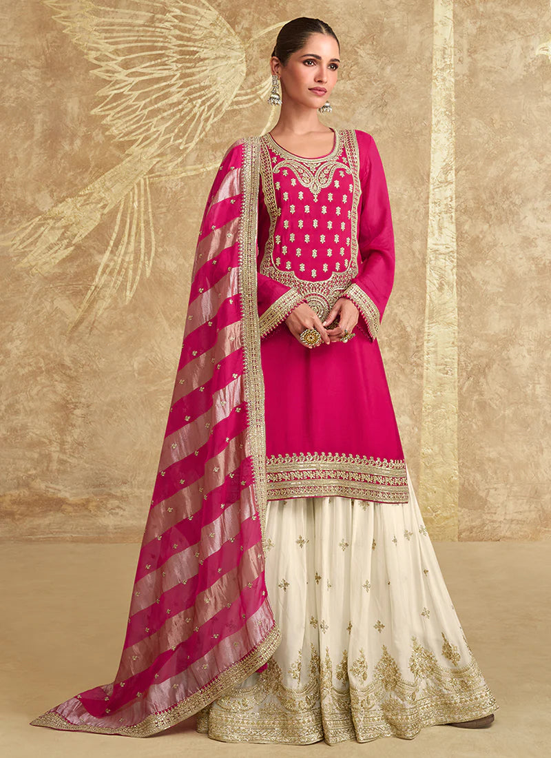 Pink And Off White Embroidered Gharara Style Suit