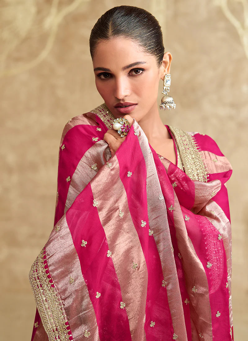 Pink And Off White Embroidered Gharara Style Suit