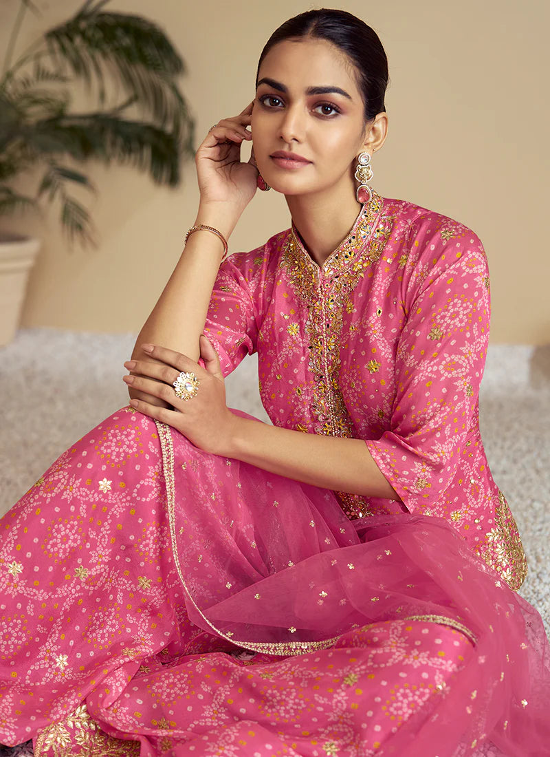 Pink Golden Designer Kurti And Palazzo