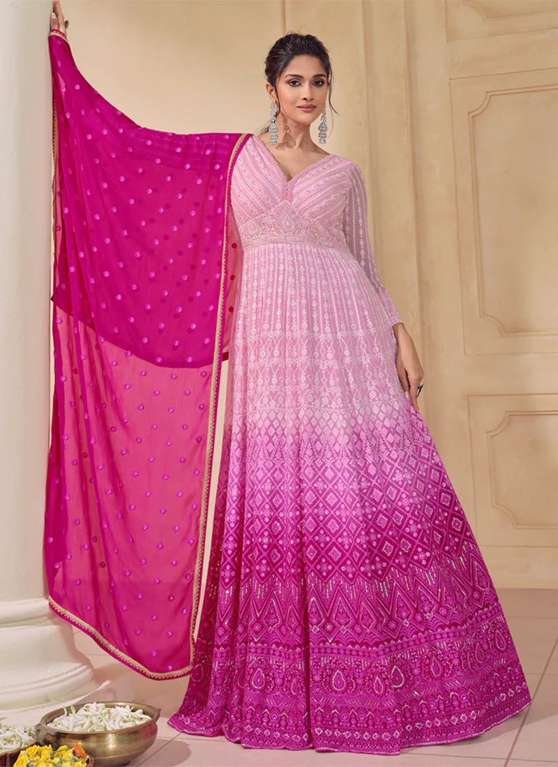 Pink Ombre Elegant Wedding Anarkali Gown Dress