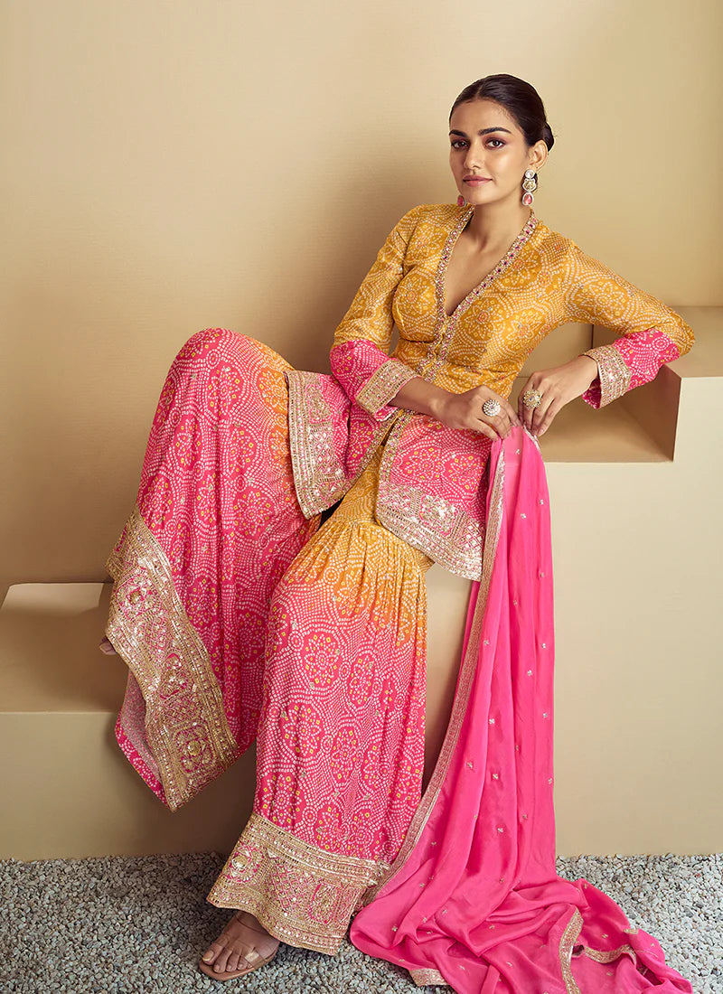 Pink Yellow Ombré Designer Kurti And Gharara