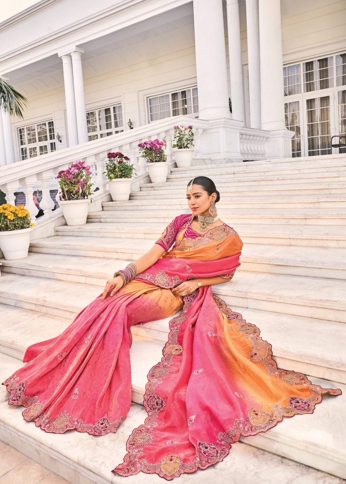 Buy Pink And Orange Ombre Embroidery Saree