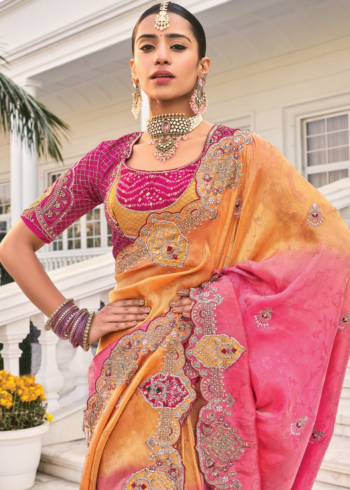 Buy Pink And Orange Ombre Embroidery Saree