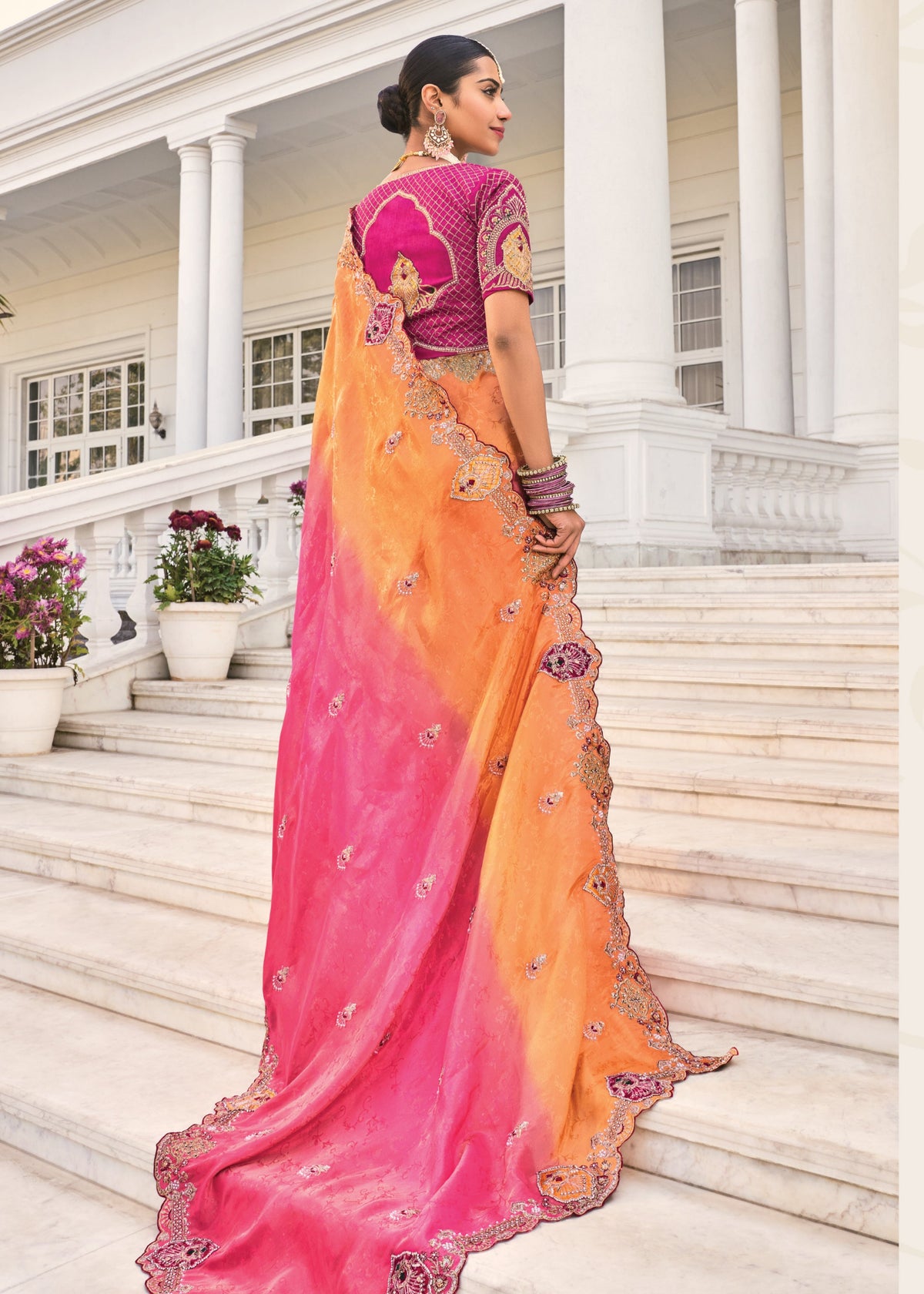 Buy Pink And Orange Ombre Embroidery Saree