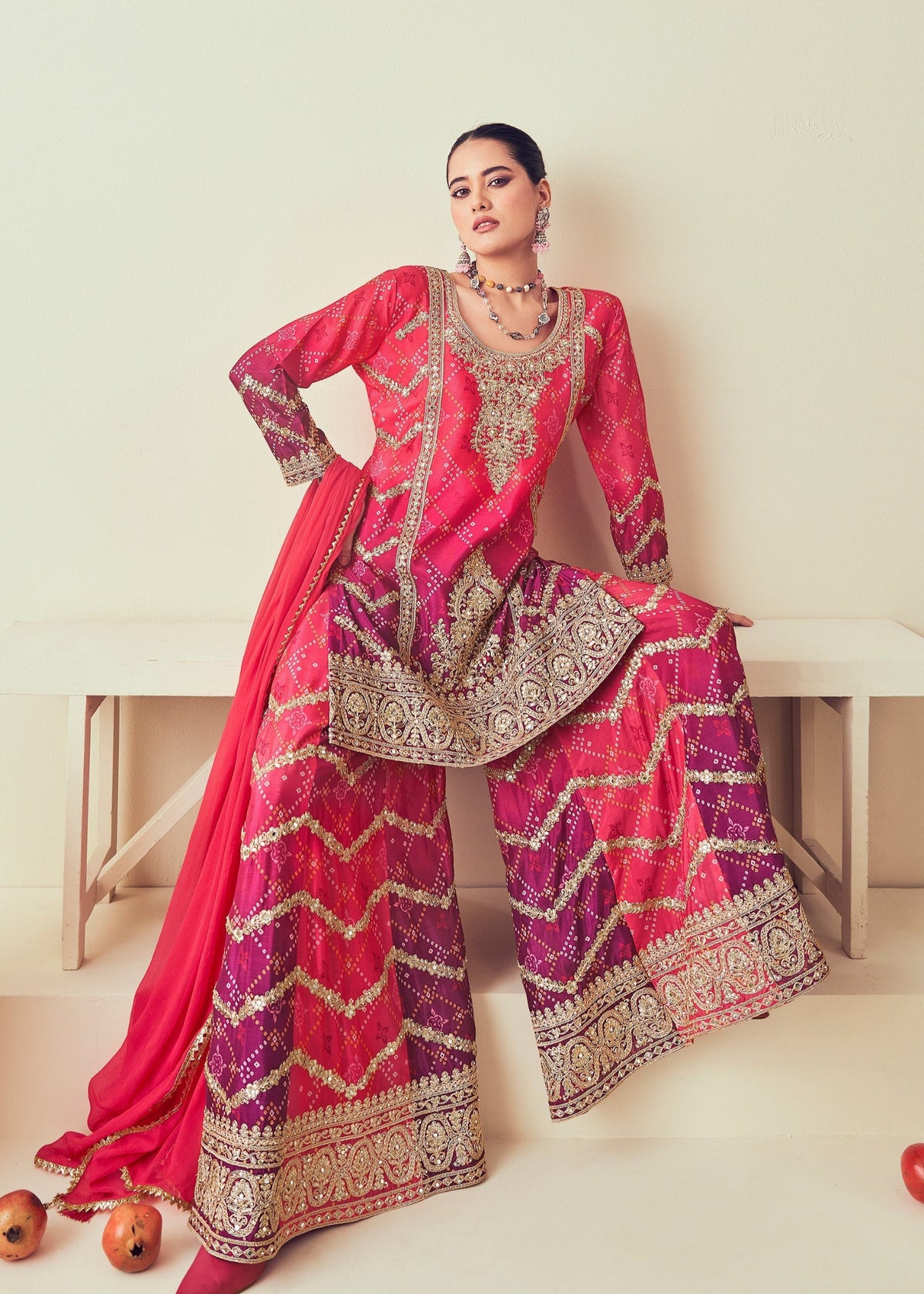 Pink And Purple Embroidered Sharara Suit