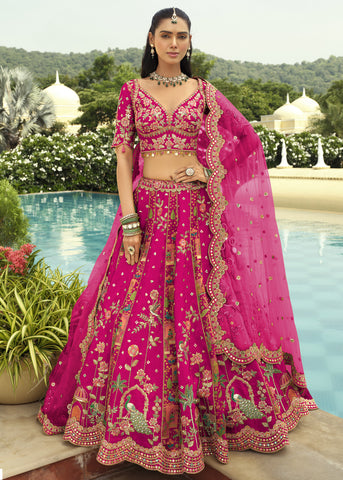 Pink Embroidered Cut Work Border Silk Lehenga