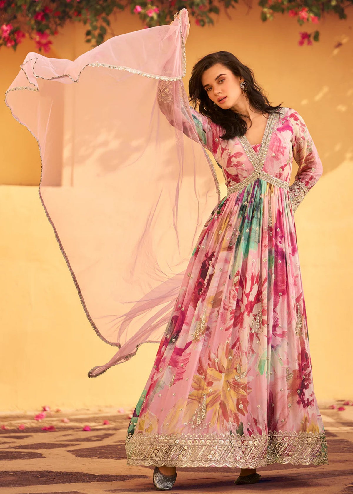 pink floral anarkali suits - pastel floral anarkali suits - floral print anarkali collection
