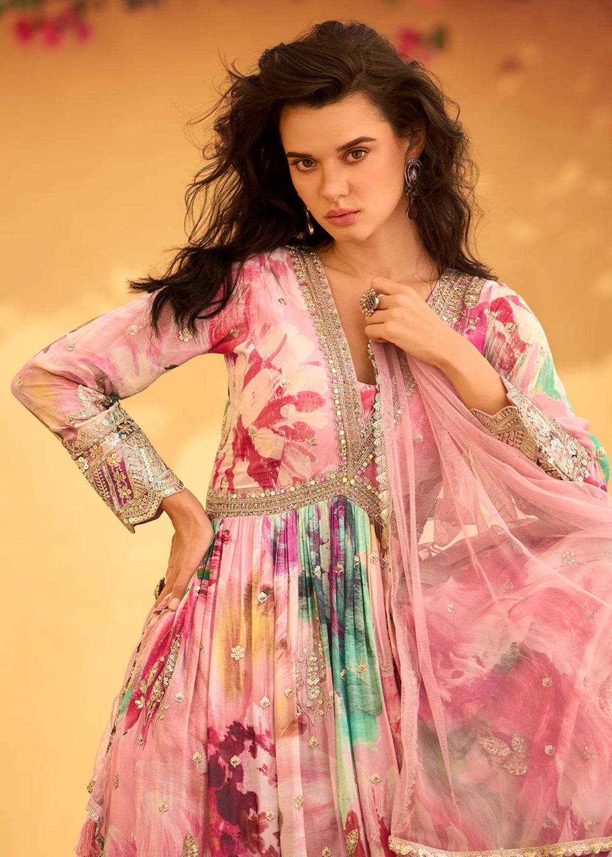 Pink Embroidered Floral Anarkali gown