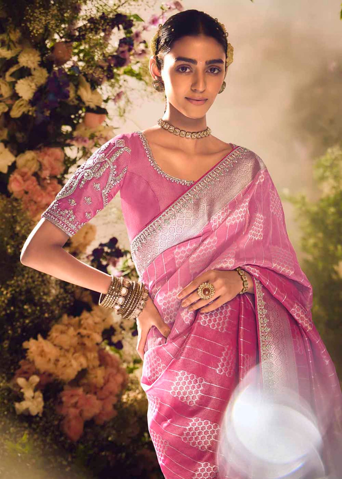 Pink Embroidery Banarasi silk Saree