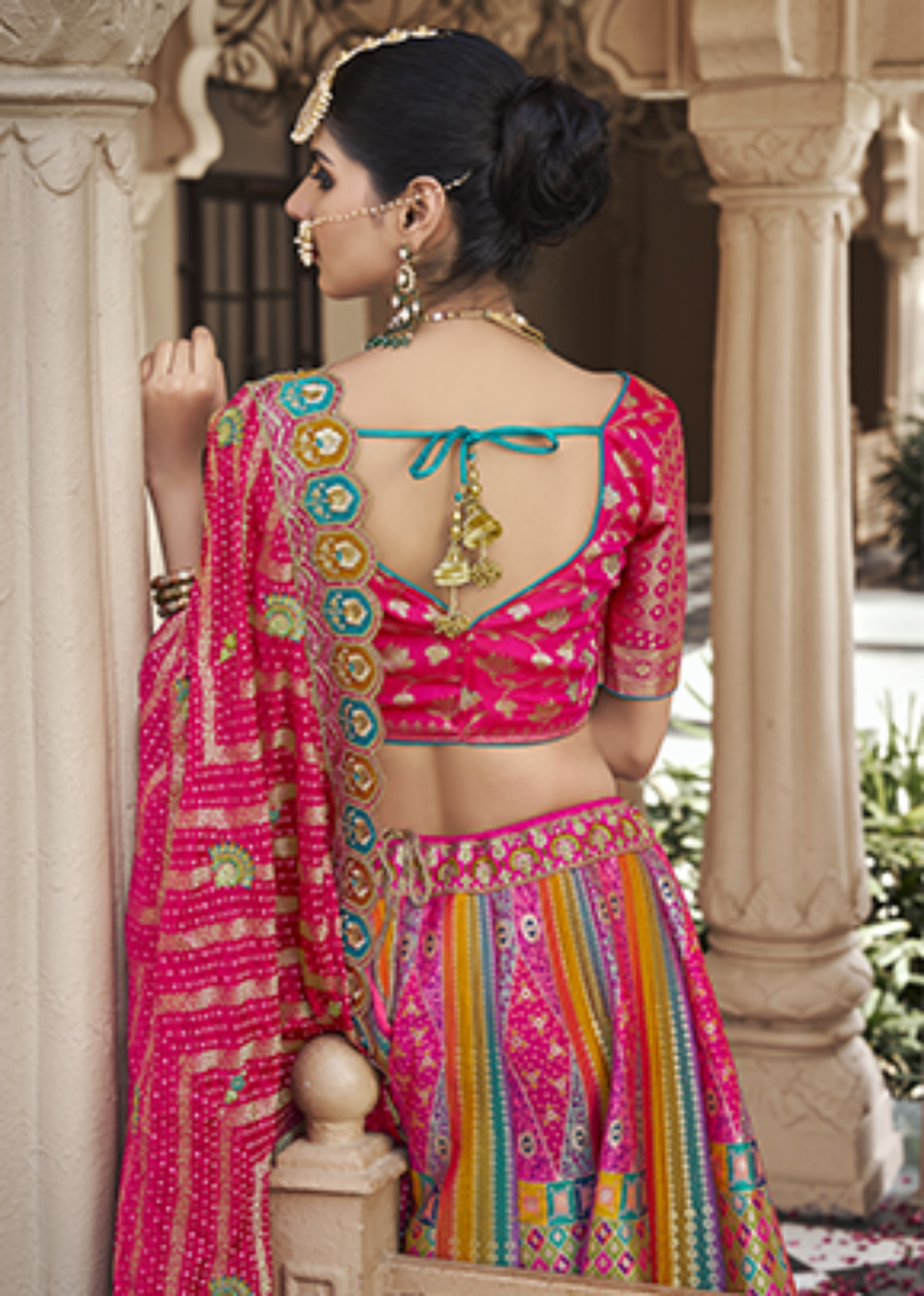 Pink Mix Color Regal Zarkan Banarasi Silk Lehenga.