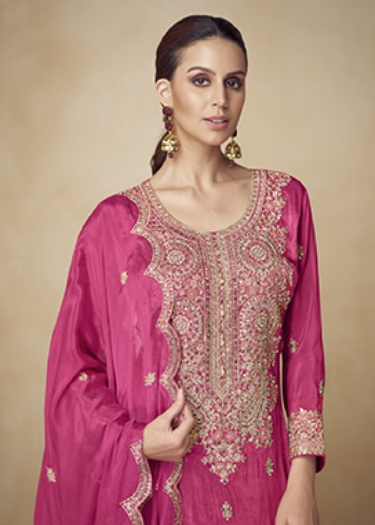 Pink Silk Hand Embroidered Palazo Suit.