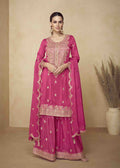 Pink Silk Hand Embroidered Palazo Suit.