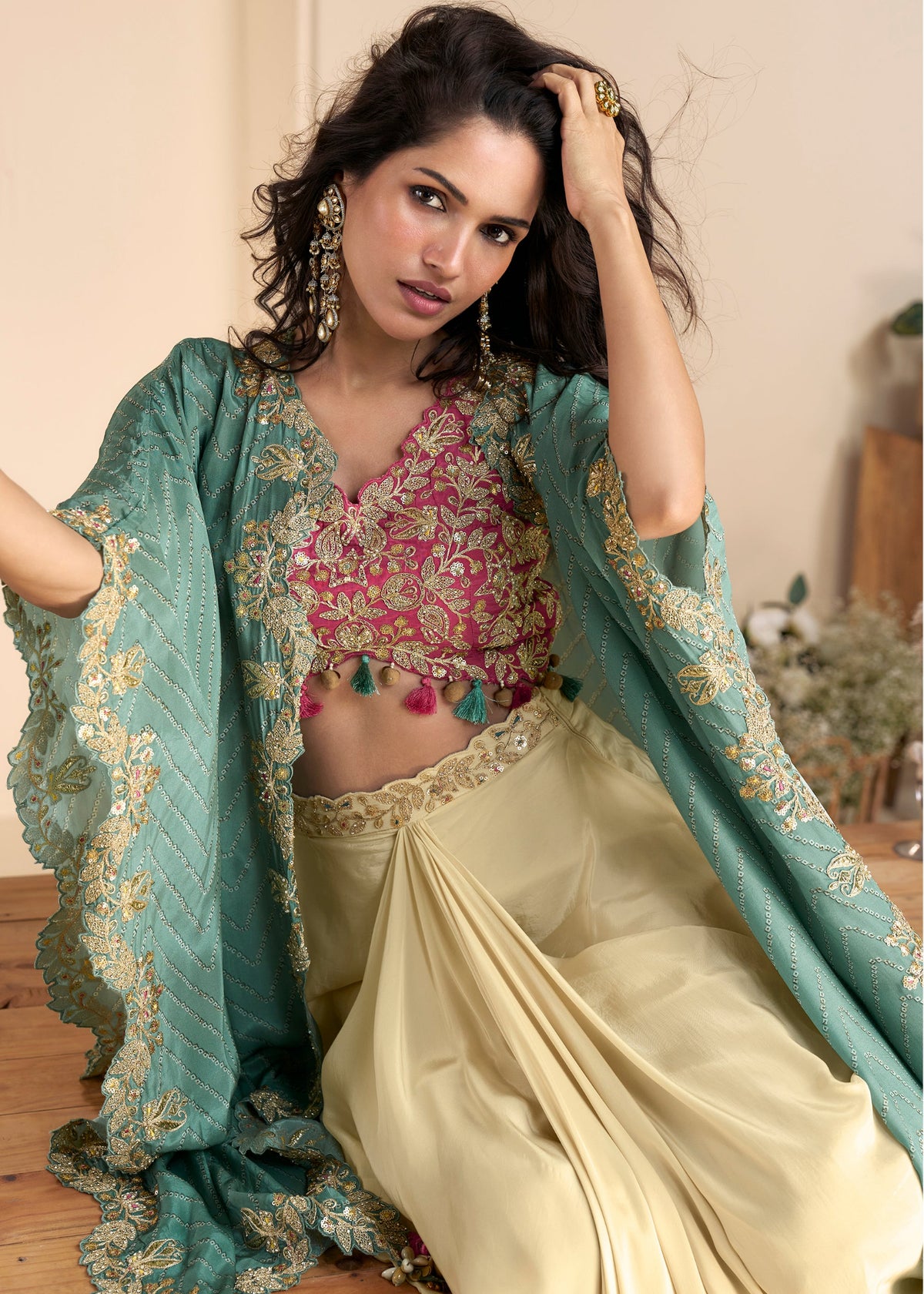 Buy Pink and Beige Draped Skirt Set with Cape