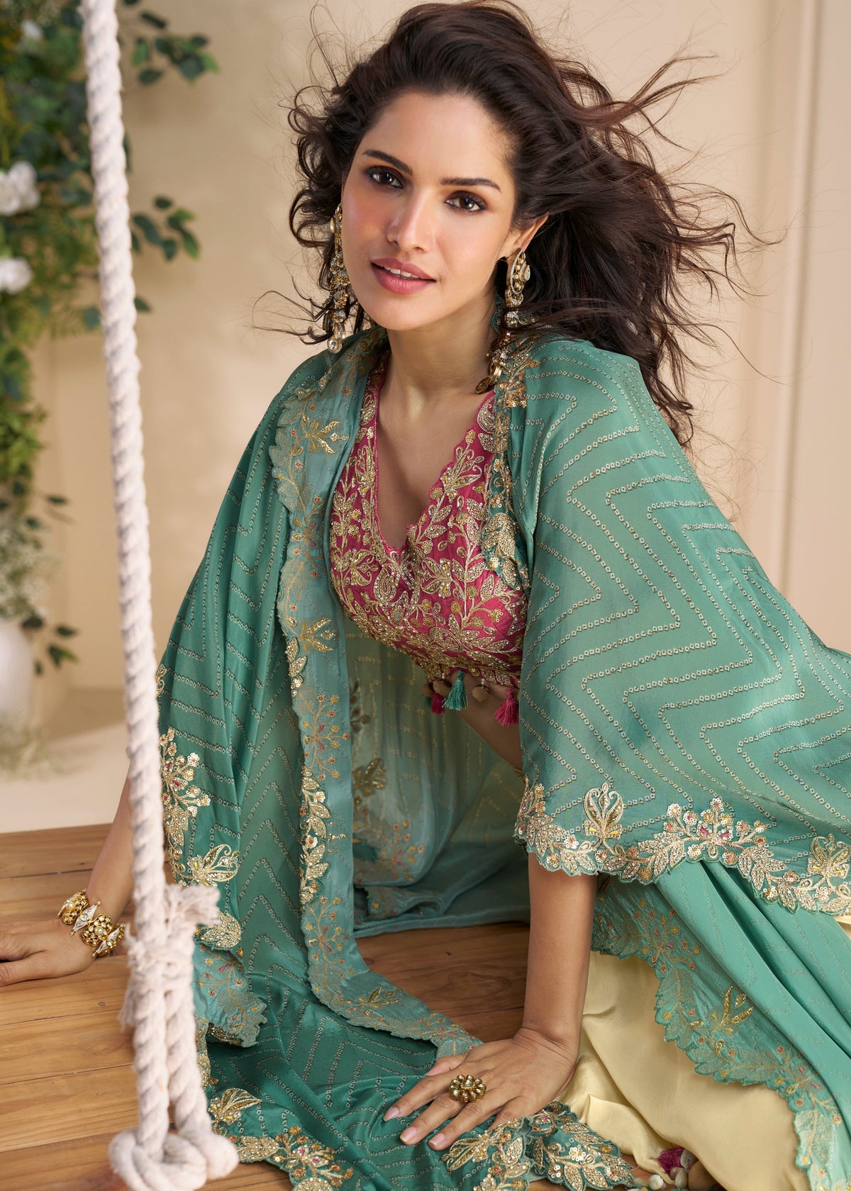 Buy Pink and Beige Draped Skirt Set with Cape