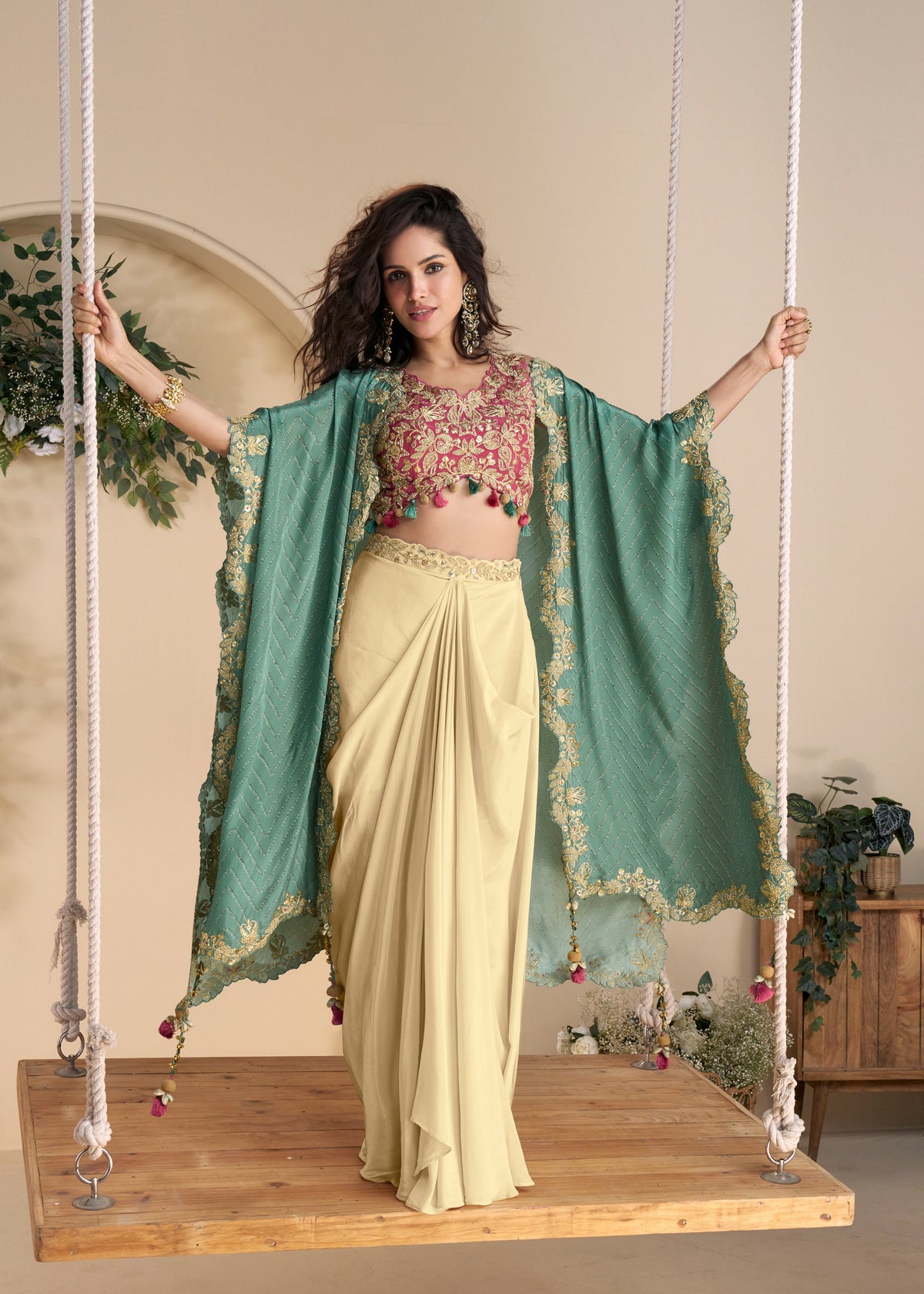 Buy Pink and Beige Draped Skirt Set with Cape