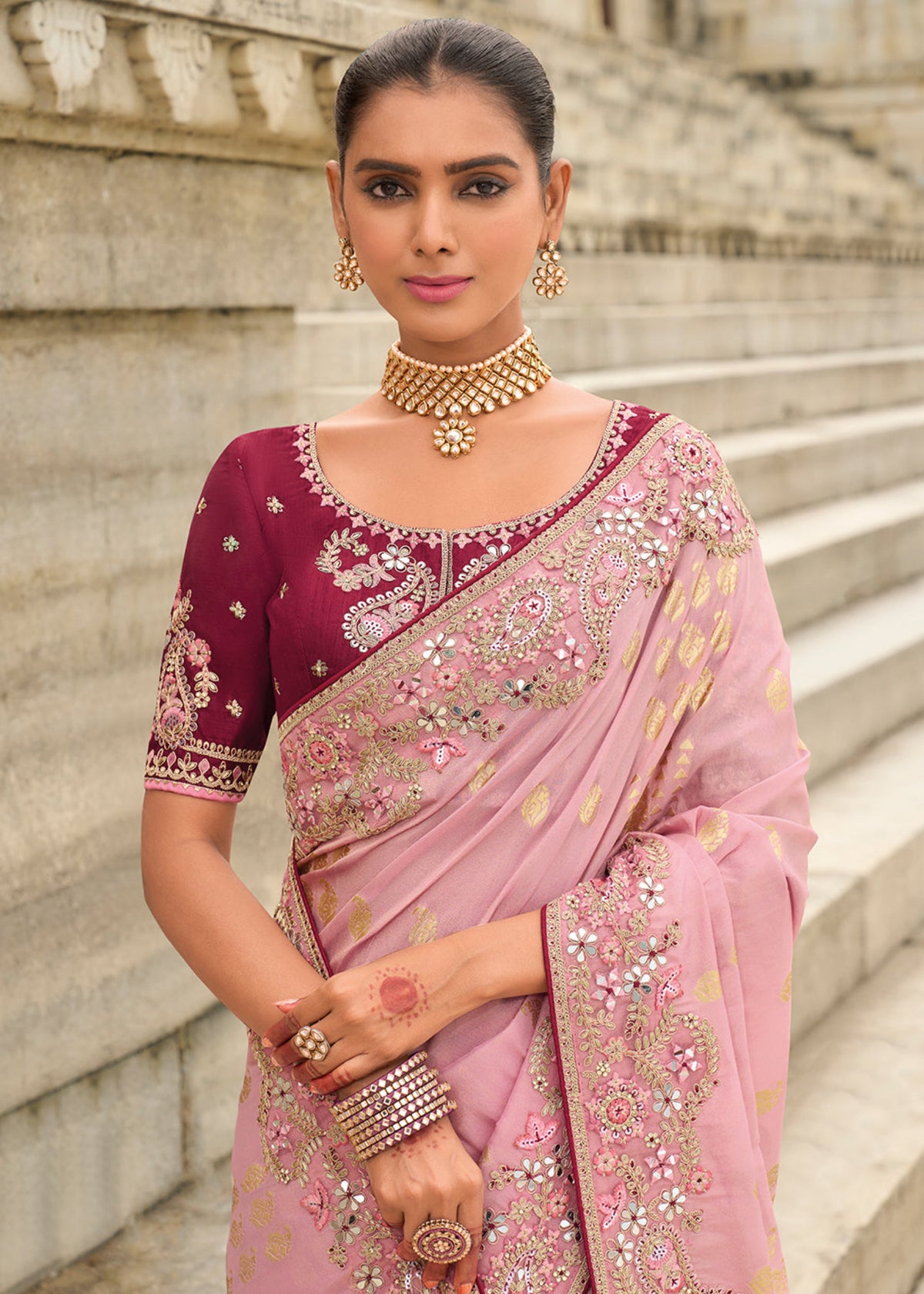 Pink and Wine Multi Embroidery Saree