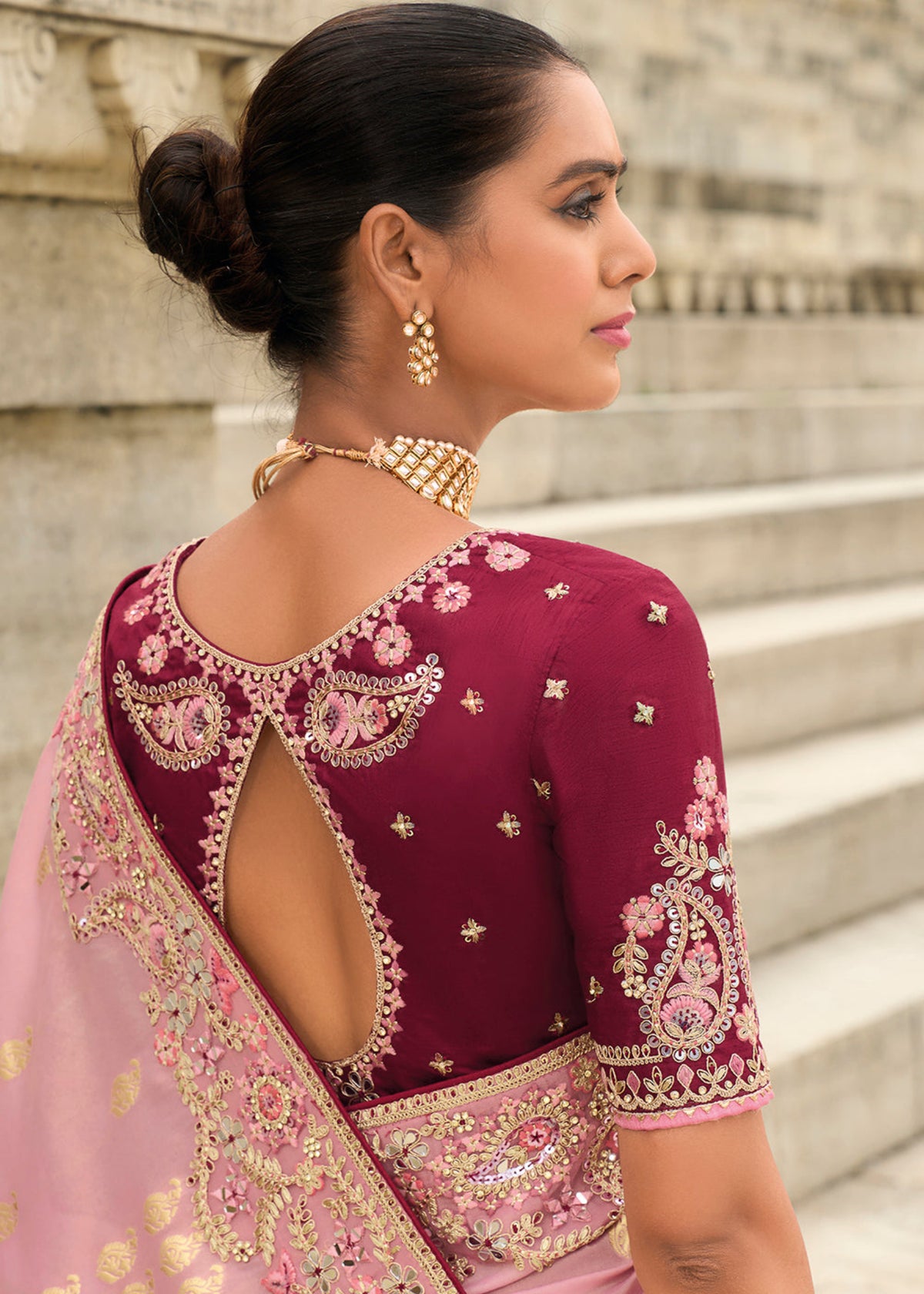 Pink and Wine Multi Embroidery Saree