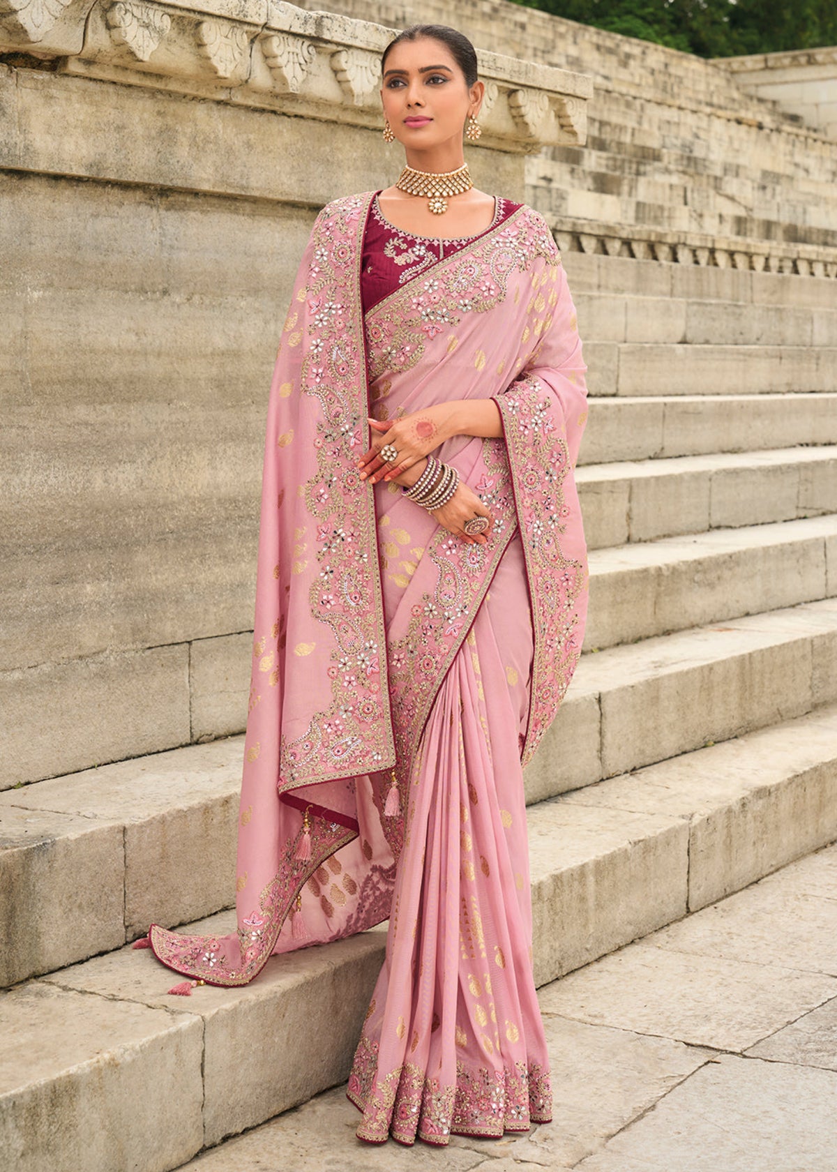 Pink and Wine Multi Embroidery Saree