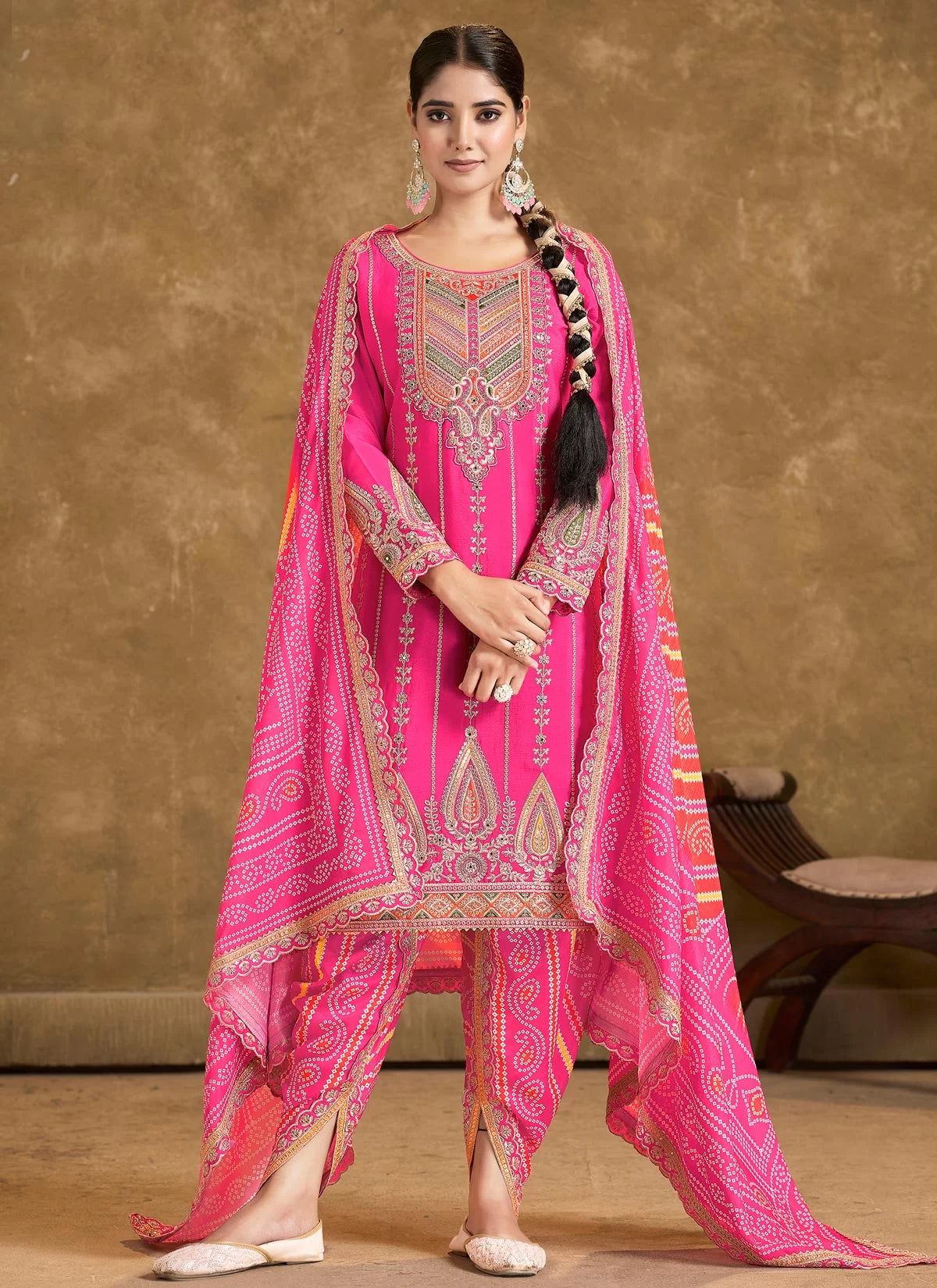 Pink multi embroidery bandhani designer dhoti style suit 