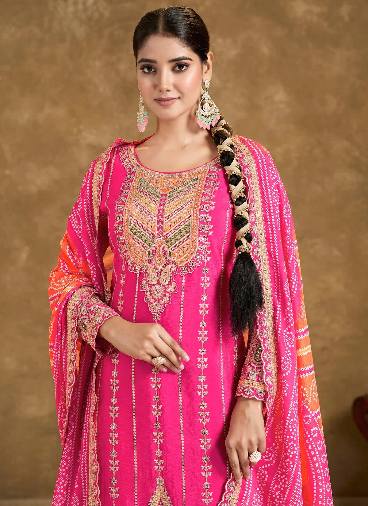 Pink multi embroidery bandhani designer dhoti style suit 