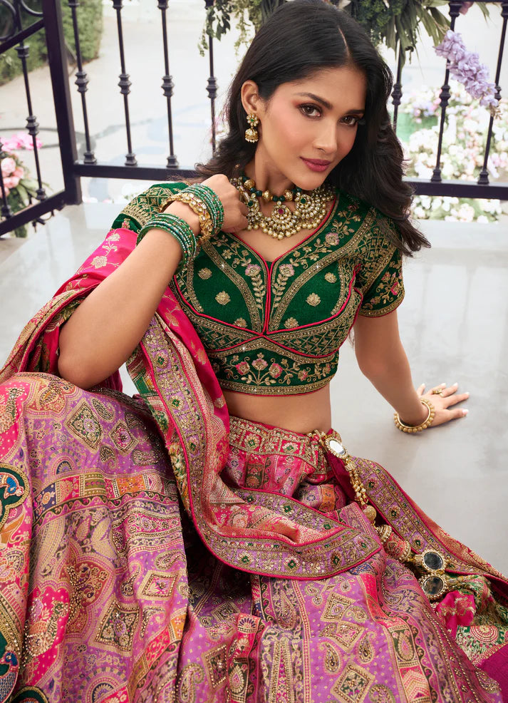 Pink and Green Banarasi Silk bridal lehenga