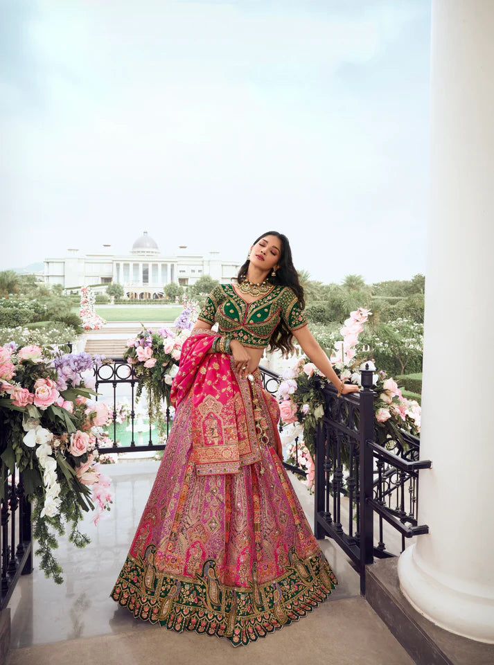 Pink and Green Banarasi Silk bridal lehenga