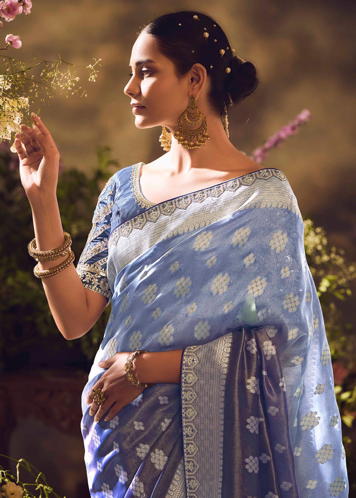 Powder Blue Embroidery Banarasi silk Saree