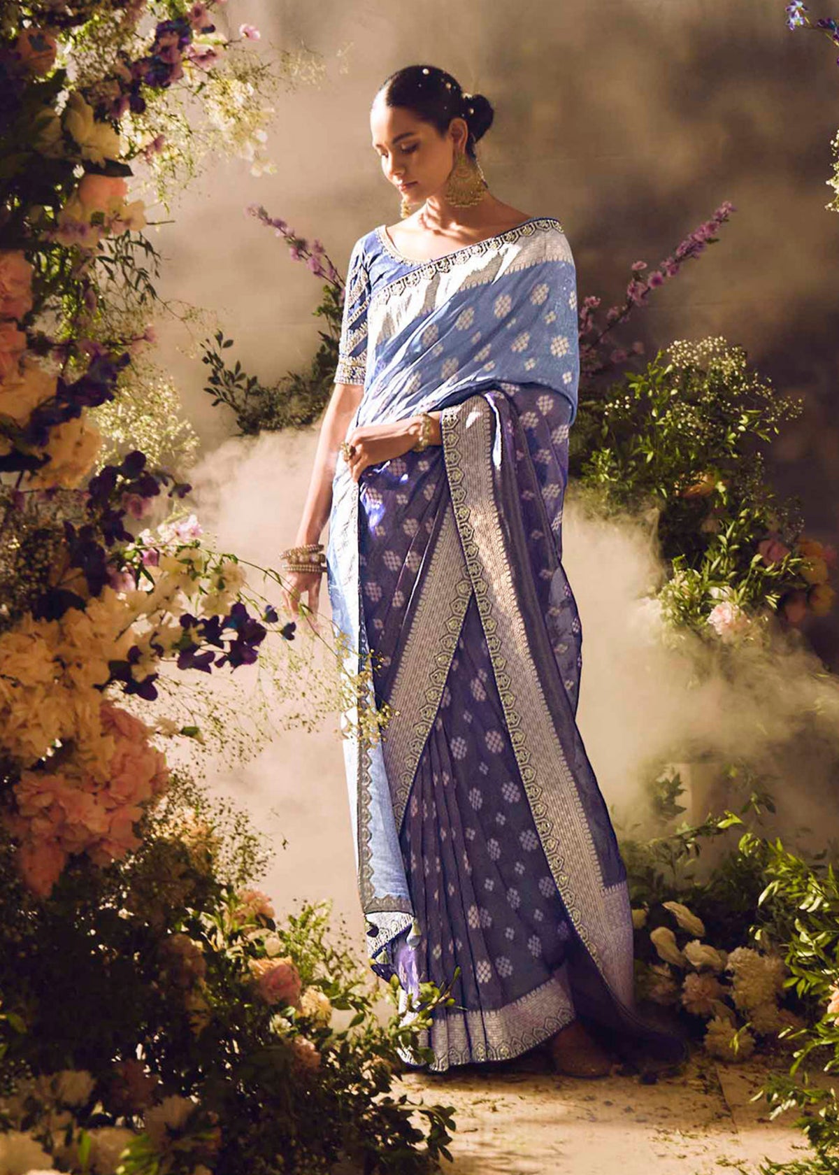 Powder Blue Embroidery Banarasi silk Saree