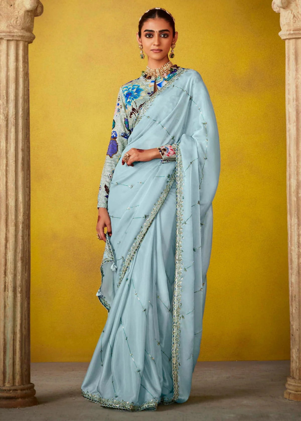 Powder Blue Silk Saree with Floral Multicolored Blouse 