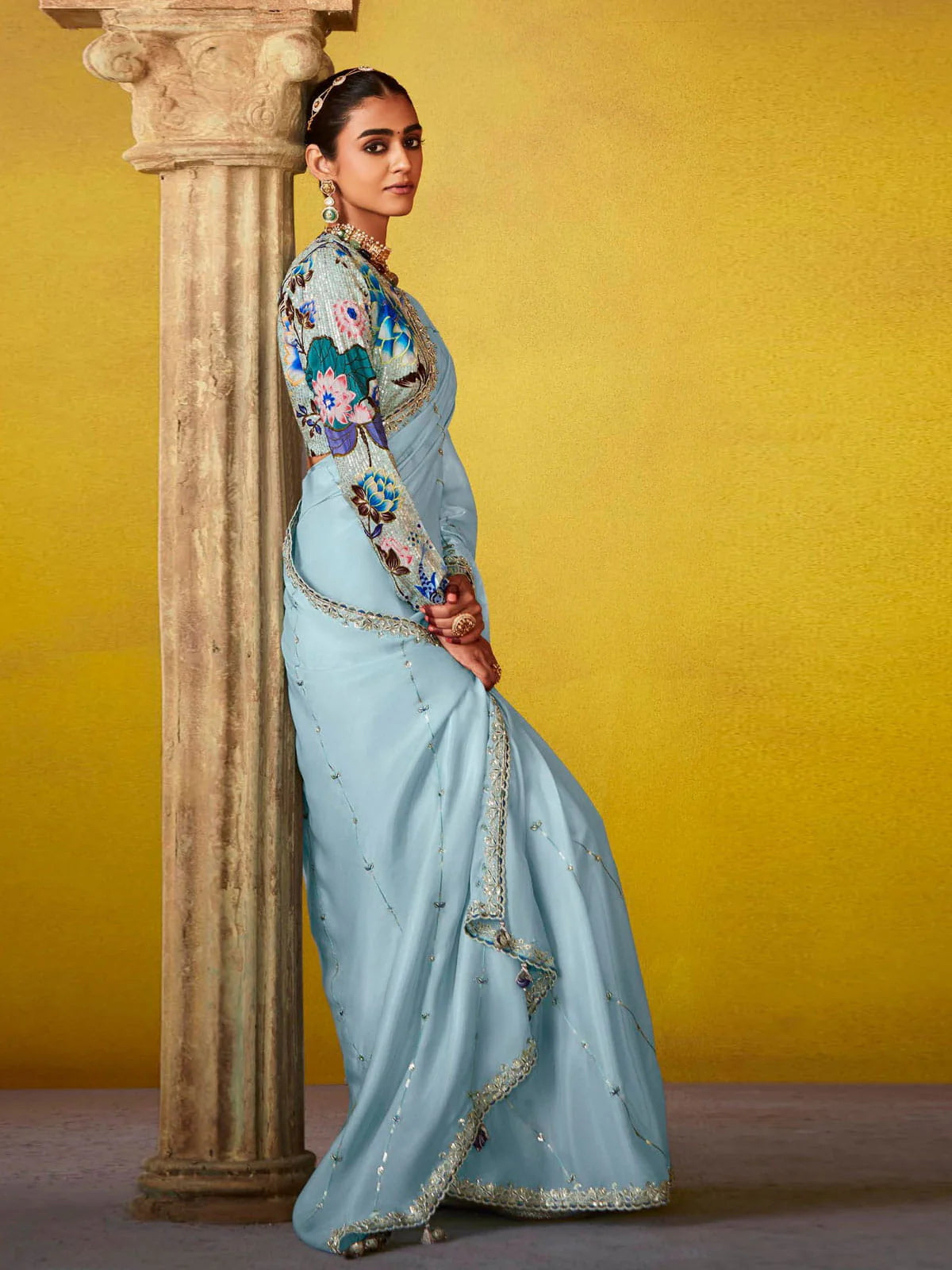 Powder Blue Silk Saree with Floral Multicolored Blouse 