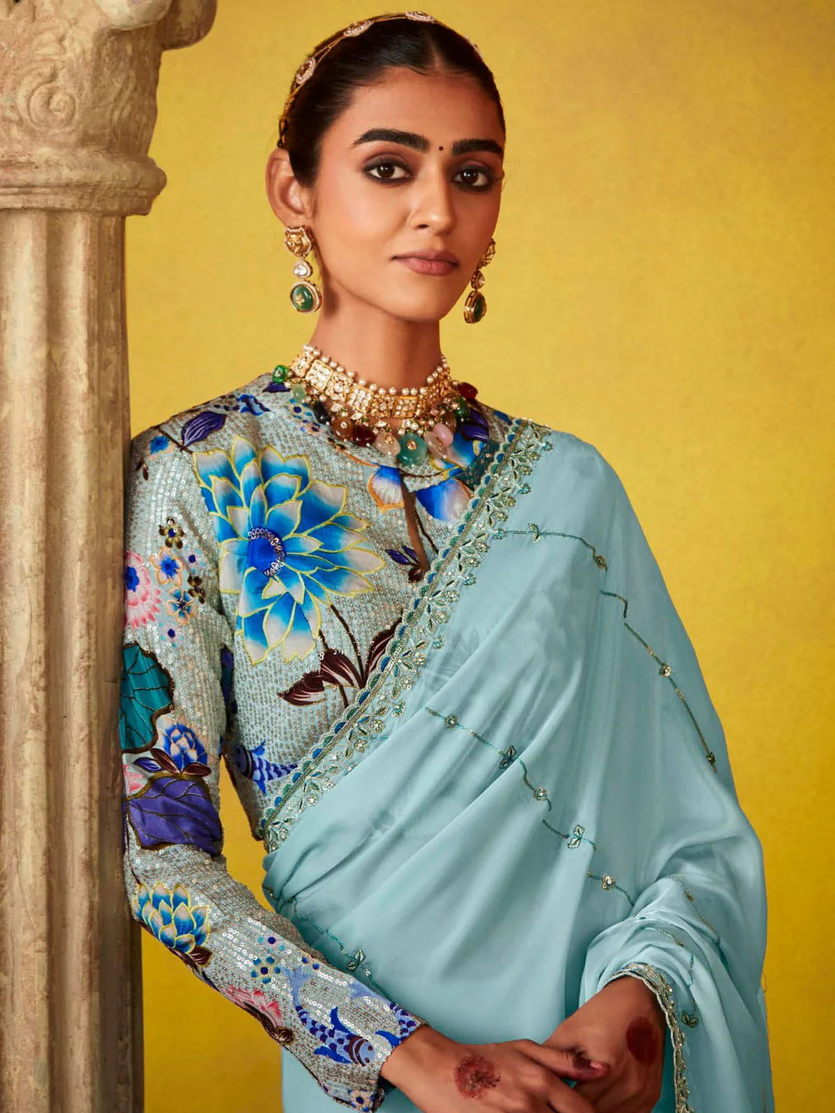 Powder Blue Silk Saree with Floral Multicolored Blouse 