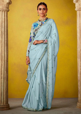 Powder Blue Silk Saree with Floral Multicolored Blouse 
