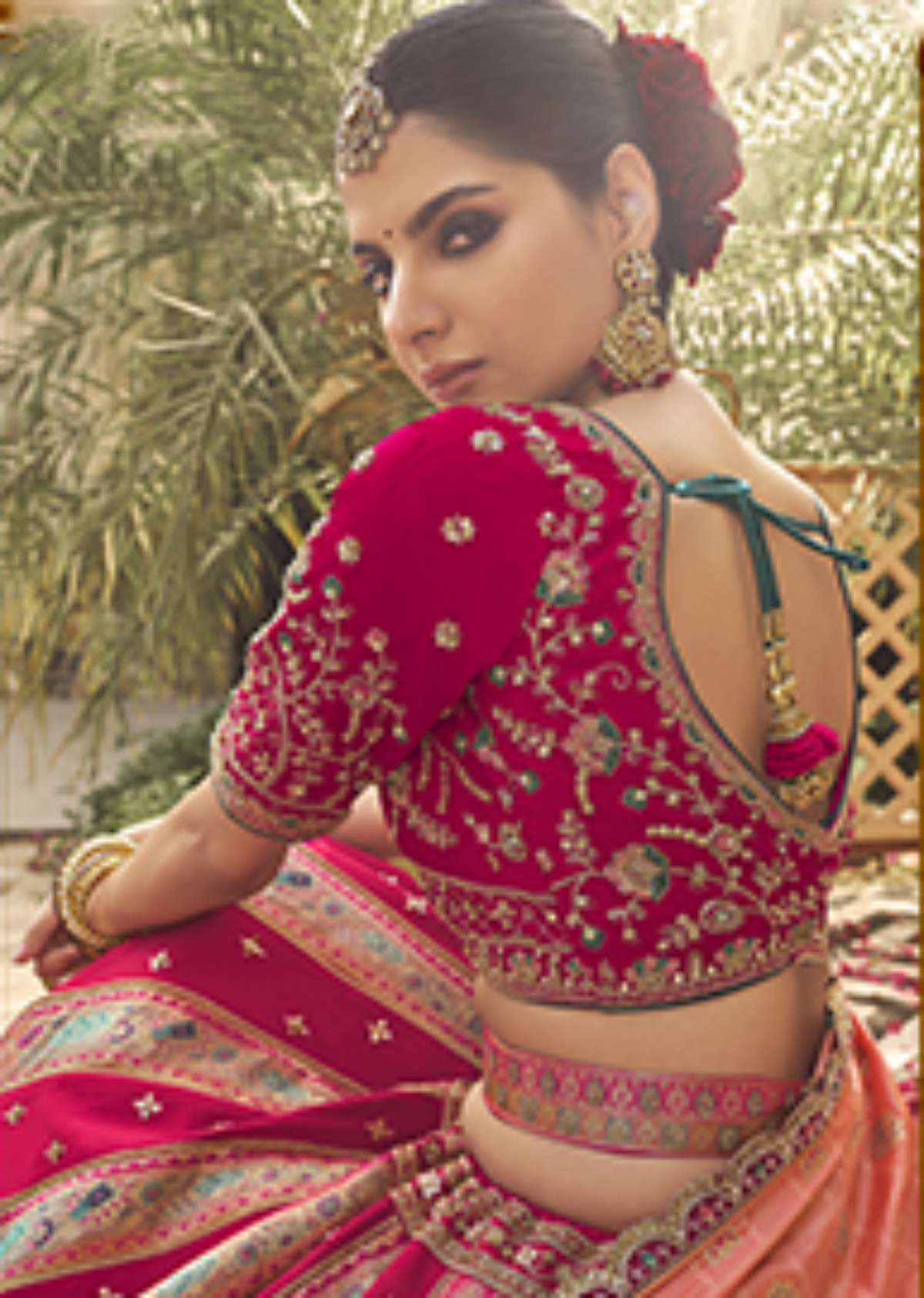 Punch Pink Magnificent Zarkan Banarasi Silk Lehenga.