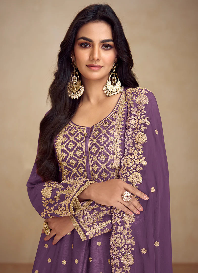 Purple Embroidery Anarkali Sharara Suit