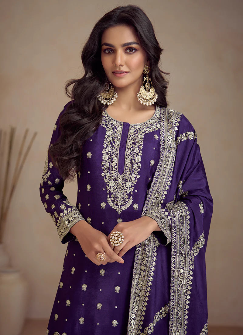 Purple Embroidery Designer Sharara Suit