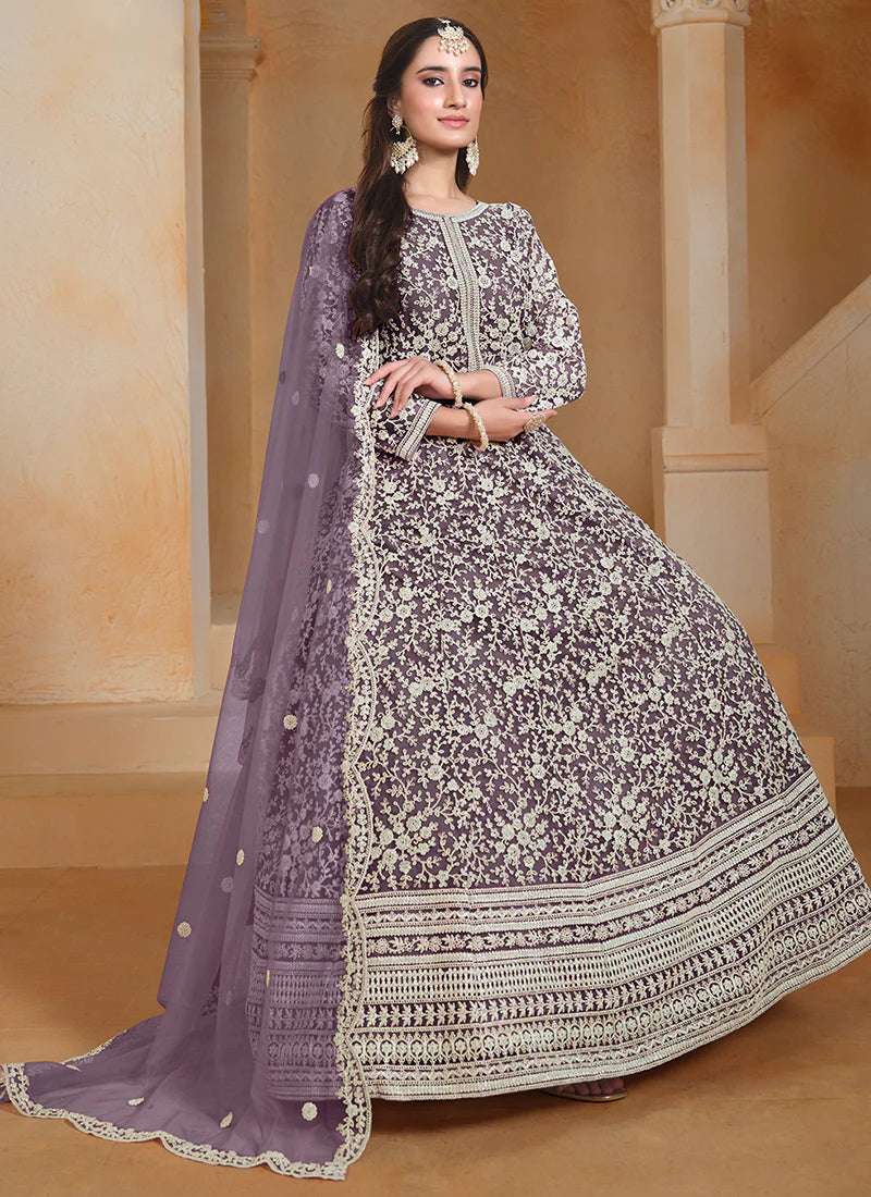 Purple Embroidery Festive Anarkali Suit