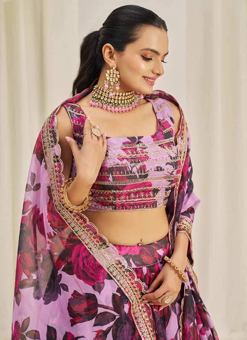 Purple Floral Printed Embroidery Lehenga Choli