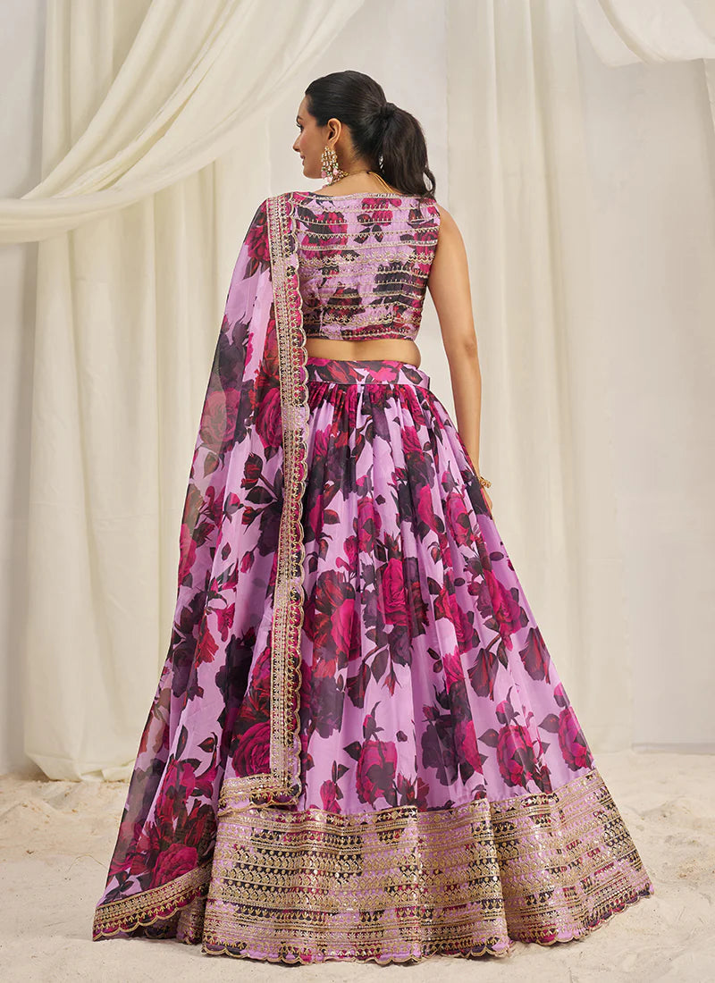 Purple Floral Printed Embroidery Lehenga Choli